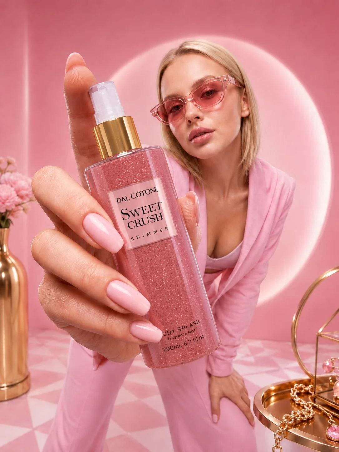Woman in a pink suit and sunglasses holding Dal Cotone Sweet Crush Shimmer Body Splash